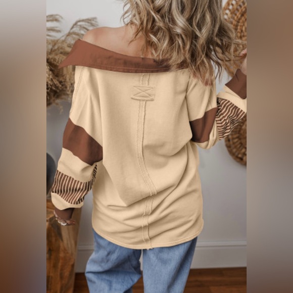 Vienna French beige striped colorblock patchwork sweatshirt - Picture 2 of 9